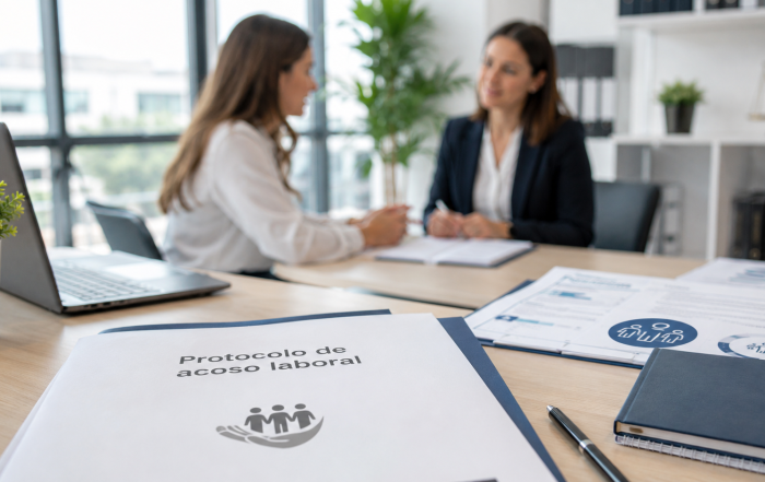 Consultora revisando un protocolo de acoso laboral en una empresa